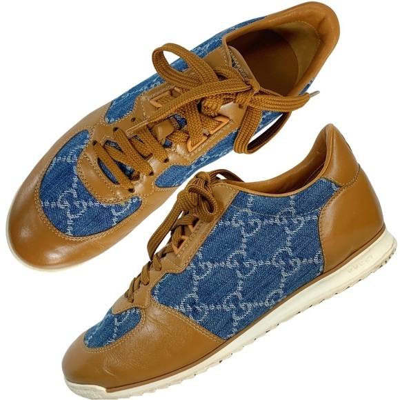 GUCCI GG Denim Monogram Cognac Calfskin Leather Sneakers 38.5 - Picture 1 of 15
